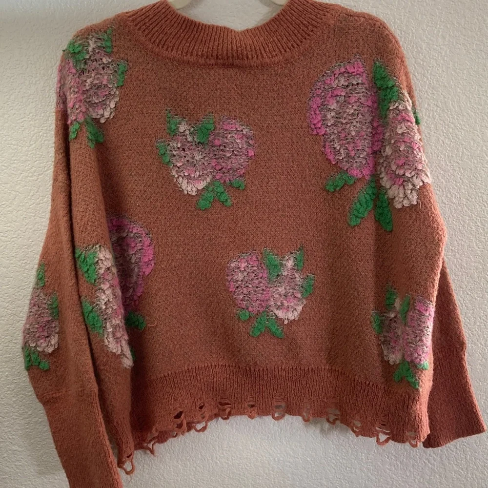 Anthropologie V-Neck Sweater Rust 3D Floral oversized y2k boho quirky - Picture 7 of 8